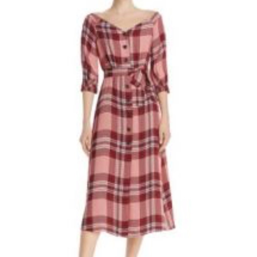 Whistles Off The Shoulder Plaid Midi Dress